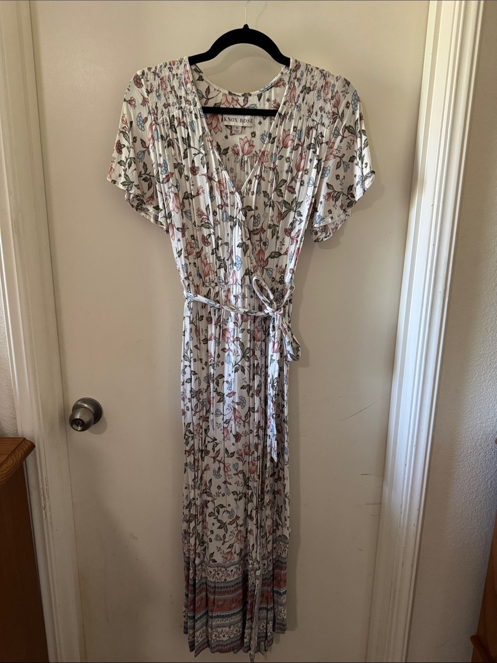 Knox Rose Cream Floral Wrap Midi Dress with Pink & Green Accents